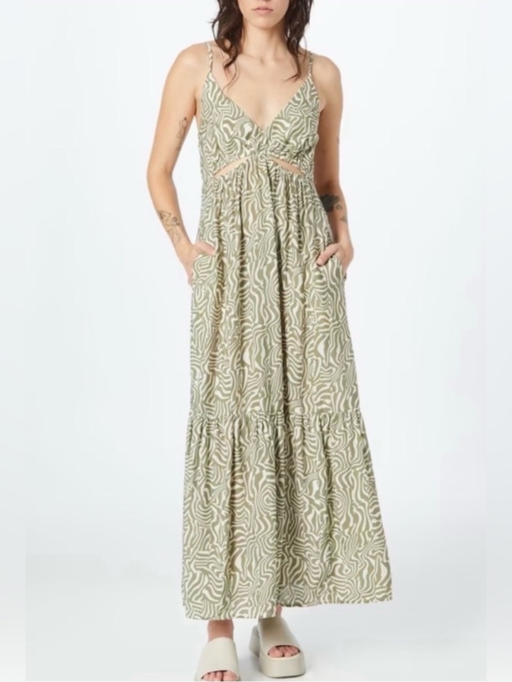 Abercrombie & Fitch Olive Swirl Cutout Maxi Dress